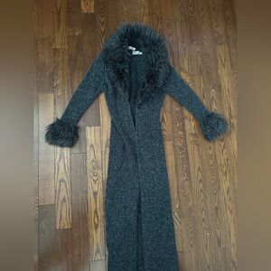 Gray Long Knit Cardigan with Faux Fur Trim